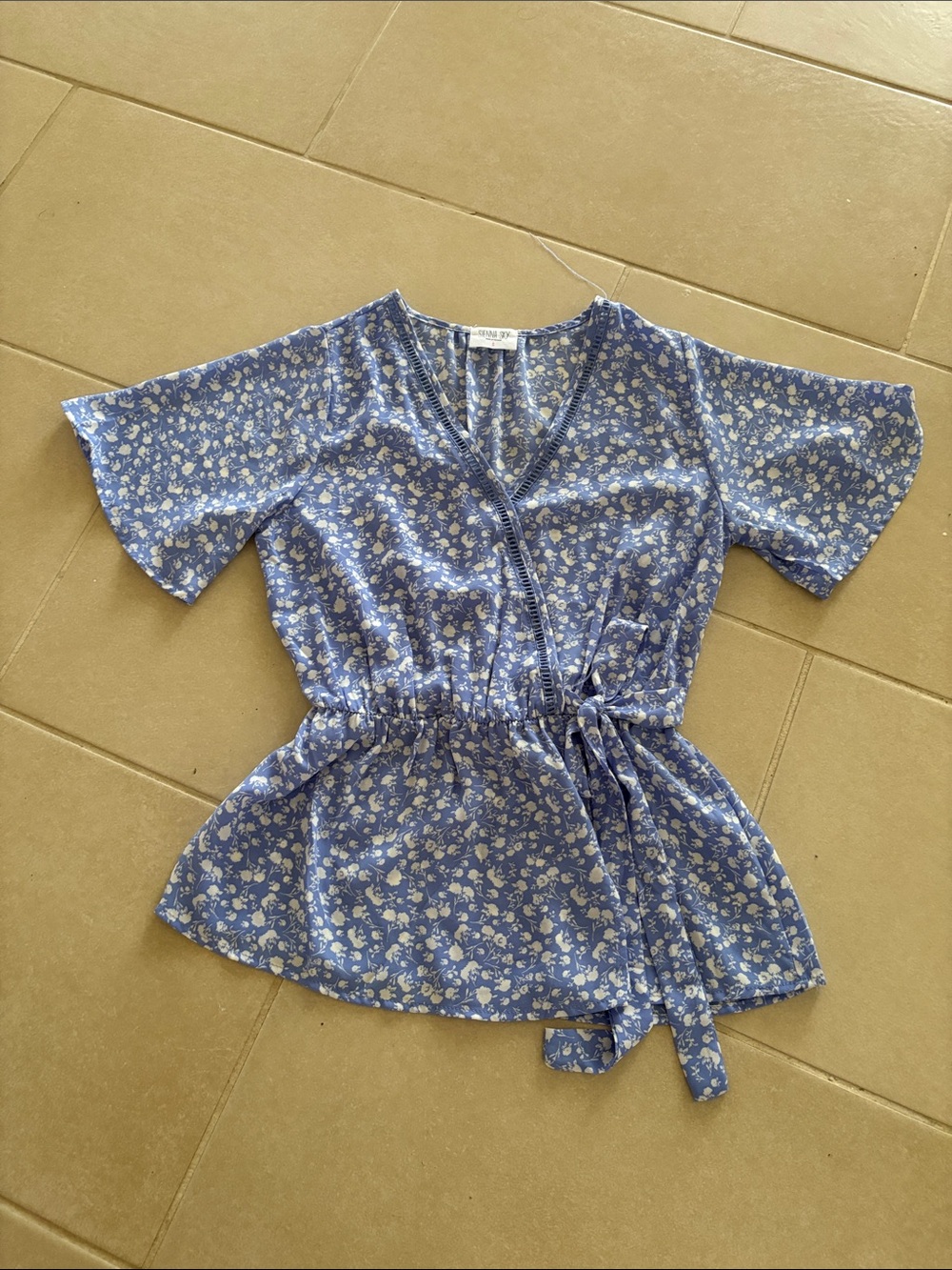 Dainty Periwinkle Blue Floral Faux Wrap Blouse Cottagecore Romantic Sz S